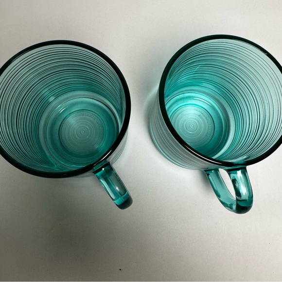 ARCOROC France JARDINIERE Glass Ribbed Mugs TEAL TURQUOISE Set of 2 - Picture 2 of 6